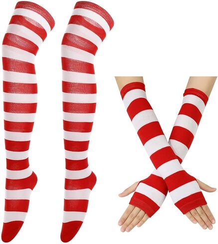 Women's Striped Over Knee Thigh High Socks, Arm Warmer Fingerless Gloves Set for Halloween Christmas in Saudi Arabia