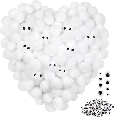 TOAOB 200pcs White Pompoms with 100pcs Googly Eyes 1 Inch Fuzzy Pom Poms Balls Arts and Crafts Supplies for DIY Crafts Decorations in Kuwait