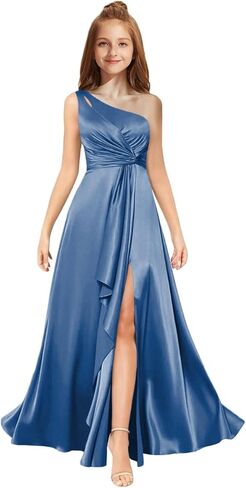 MRHUSH Junior Bridesmaid Dresses One Shoulder Flower Girl Dress Satin Prom Dresses for Teens Girls Formal Dress with Slit in Kuwait