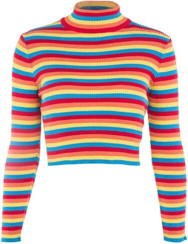 سترة نسائية ذات ياقة مدورة وأكمام طويلة مخططة بألوان قوس قزح مناسبة للخريف والشتاء in Kuwait