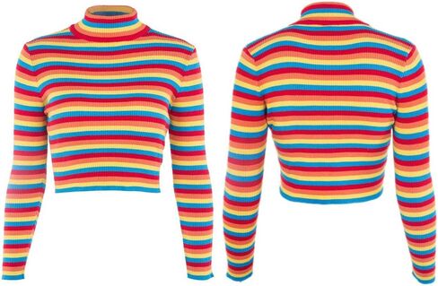 سترة نسائية ذات ياقة مدورة وأكمام طويلة مخططة بألوان قوس قزح مناسبة للخريف والشتاء in Kuwait