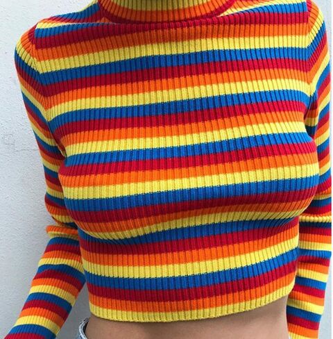 سترة نسائية ذات ياقة مدورة وأكمام طويلة مخططة بألوان قوس قزح مناسبة للخريف والشتاء in Kuwait