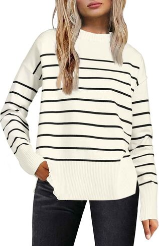 Allegra K Striped Sweater for Women's 2025 Fall Winter Outfits Crewneck Side Slit Knit Jumper Pullover Tops in Saudi Arabia