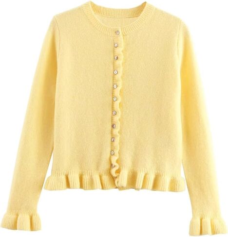 Cioatin Women Y2K Ruffle Knit Open Front Button Down Sweater Cardigan Long Sleeve Crewneck Lightweight Pullover Fall Outfits in Kuwait