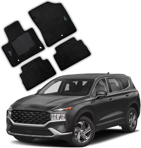 سجادات أرضية السجاد من إيكوماتس لسيارة 2021 2022 2023 Hyundai Santa Fe Hybrid & Plug in Hybrid (PHEV) مع وسادة كعب السائق غير القابلة للانزلاق وأقفال الأمان، الصف الأمامي والخلفي، أسود، (ليس لنماذج الغاز) in Kuwait