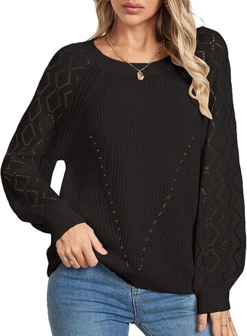 Womens Cute Crochet Knit Hollow Out Sweater Fall 2024 Lightweight Ribbed Crewneck Long Sleeve Pullover Top in Kuwait
