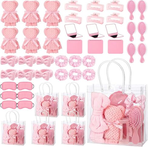54 Pcs Spa Sleepover Party Supplies Include Bow Headband Eye Mask Bath Towel Scrunchies Hair Clip Comb Powder Puff Mirror Gift Bags for Women Girls Slumber Party Favors(Pink) in Kuwait