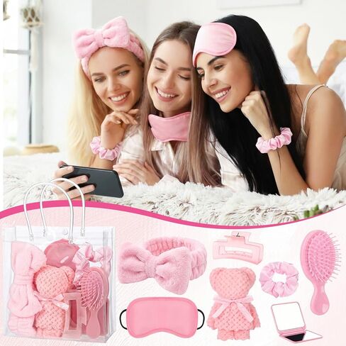 54 Pcs Spa Sleepover Party Supplies Include Bow Headband Eye Mask Bath Towel Scrunchies Hair Clip Comb Powder Puff Mirror Gift Bags for Women Girls Slumber Party Favors(Pink) in Kuwait