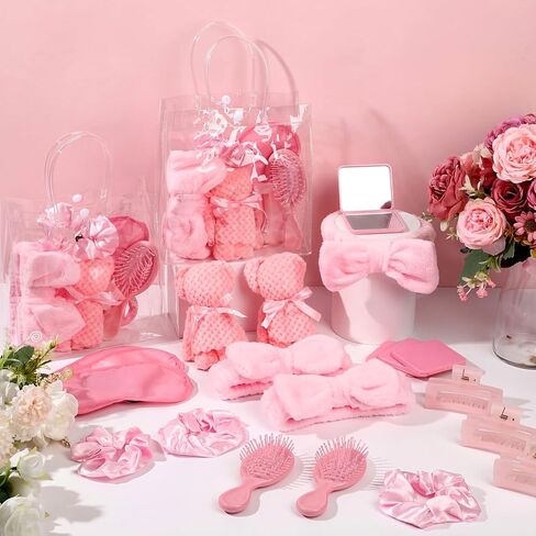 54 Pcs Spa Sleepover Party Supplies Include Bow Headband Eye Mask Bath Towel Scrunchies Hair Clip Comb Powder Puff Mirror Gift Bags for Women Girls Slumber Party Favors(Pink) in Kuwait