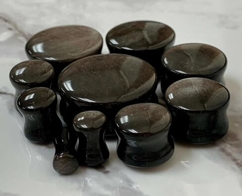 PAIR of Stunning Silver Obsidian Organic Natural Stone Double Flare Plugs - Gauges - Body Jewelry in Saudi Arabia