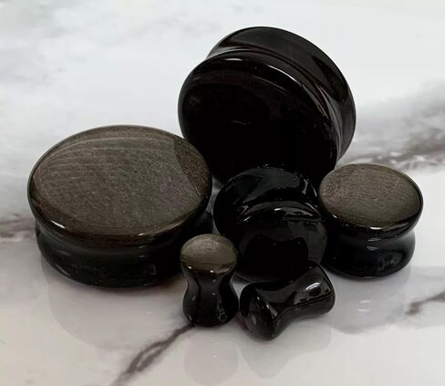PAIR of Stunning Silver Obsidian Organic Natural Stone Double Flare Plugs - Gauges - Body Jewelry in Saudi Arabia