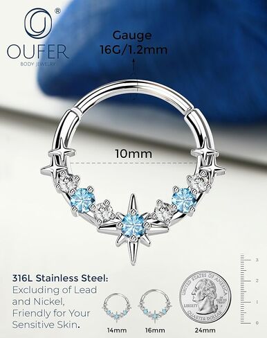 حلقات OUFER Spetum 16 جم، مجوهرات ثقب ستار هيليكس مصنوعة من الفولاذ الجراحي 316L، أقراط مكعبة من الزركون الأسود والأزرق AB للنساء - 8 مم in Kuwait