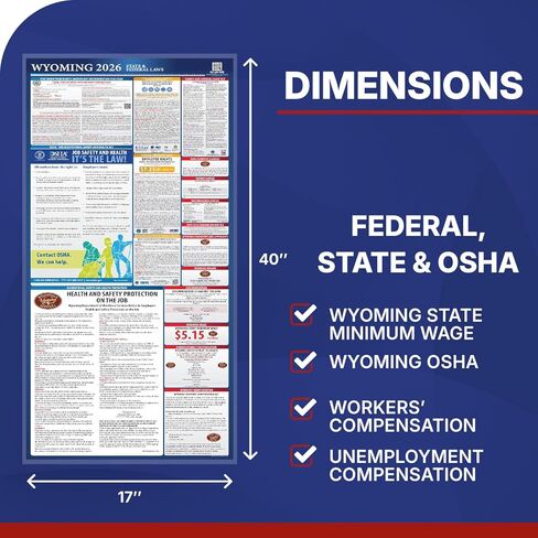 2025 Wyoming State and Federal Labor Law Poster - OSHA Workplace Compliant - Mandatory Regulations Posting for Employees - All in One Required Compliance Posting 16" x 40" - Laminated (English) in Kuwait