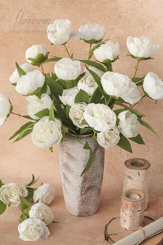 Floroom 6 Pcs Faux Silk Peony Artificial Flowers, 27" Long Stem Peonies Bulk, Fake Flower Branches for Tall Vases DIY Wedding Bouquet Centerpieces Floral Arrangements Fillers Home Decor, Ivory in Kuwait