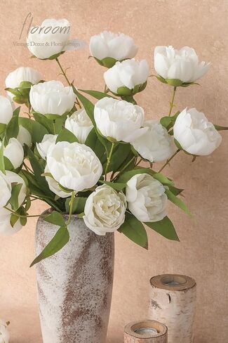 Floroom 6 Pcs Faux Silk Peony Artificial Flowers, 27" Long Stem Peonies Bulk, Fake Flower Branches for Tall Vases DIY Wedding Bouquet Centerpieces Floral Arrangements Fillers Home Decor, Ivory in Kuwait