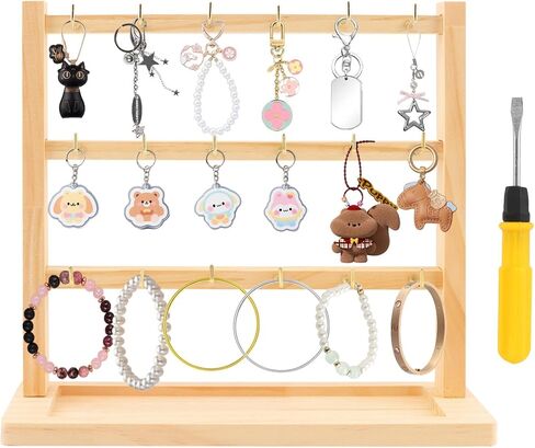 حامل عرض خشبي من 3 طبقات مع 18 خطافًا، منظم مجوهرات خشبي مربع للمفاتيح والأقراط والقلائد والاستخدام المنزلي والتجزئة in Kuwait