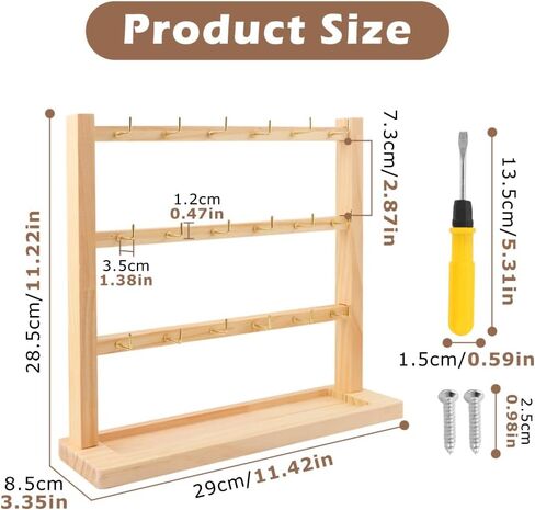حامل عرض خشبي من 3 طبقات مع 18 خطافًا، منظم مجوهرات خشبي مربع للمفاتيح والأقراط والقلائد والاستخدام المنزلي والتجزئة in Kuwait