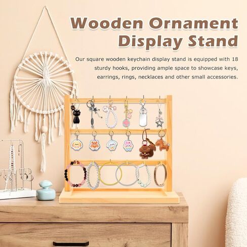 حامل عرض خشبي من 3 طبقات مع 18 خطافًا، منظم مجوهرات خشبي مربع للمفاتيح والأقراط والقلائد والاستخدام المنزلي والتجزئة in Kuwait