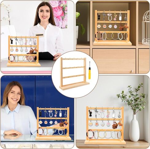 حامل عرض خشبي من 3 طبقات مع 18 خطافًا، منظم مجوهرات خشبي مربع للمفاتيح والأقراط والقلائد والاستخدام المنزلي والتجزئة in Kuwait
