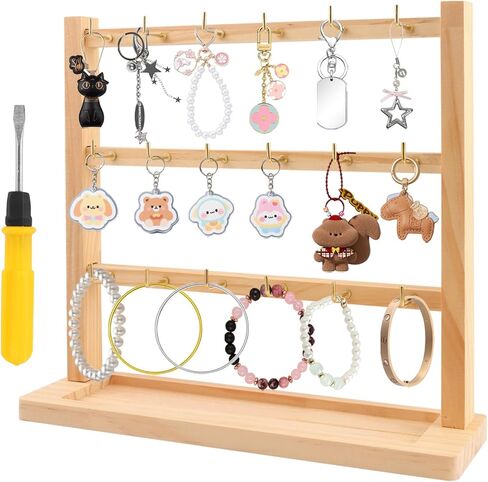 حامل عرض خشبي من 3 طبقات مع 18 خطافًا، منظم مجوهرات خشبي مربع للمفاتيح والأقراط والقلائد والاستخدام المنزلي والتجزئة in Kuwait