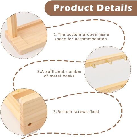 حامل عرض خشبي من 3 طبقات مع 18 خطافًا، منظم مجوهرات خشبي مربع للمفاتيح والأقراط والقلائد والاستخدام المنزلي والتجزئة in Kuwait