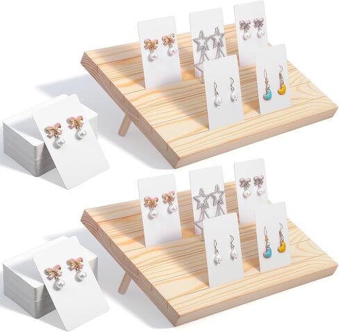 2 Pcs Wooden Earring Display Stand and 60 Pcs Earring Display Card 6 Slots Wood Jewelry Holder with Cards for Vendors Retail Selling Show in Kuwait