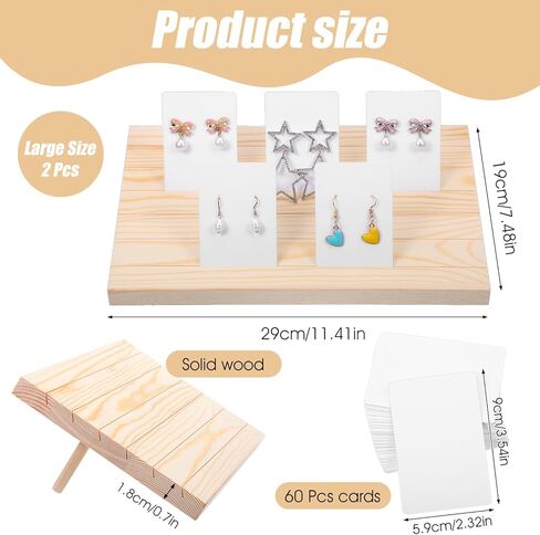 2 Pcs Wooden Earring Display Stand and 60 Pcs Earring Display Card 6 Slots Wood Jewelry Holder with Cards for Vendors Retail Selling Show in Kuwait