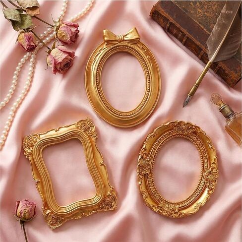 Ouligay 3 قطع إطارات ذهبية عتيقة مقاس 4 × 3 بوصة إطارات صور راتينج عتيقة بيضاوية مستطيلة الجدار معلقة إطار طاولة عرض للمجوهرات DIY عيد الميلاد وحفلات ديكور الفندق in Kuwait