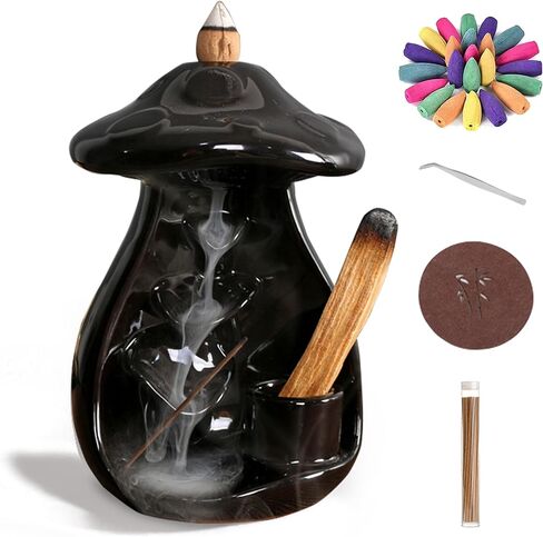 Mushroom Backflow Incense Holder - Ceramic Incense Cone Holder Waterfall Burner Black with 30 Cones and Sticks Aromatherapy Ornament Home Office Yoga Meditation Accessories Decor Gift in Kuwait