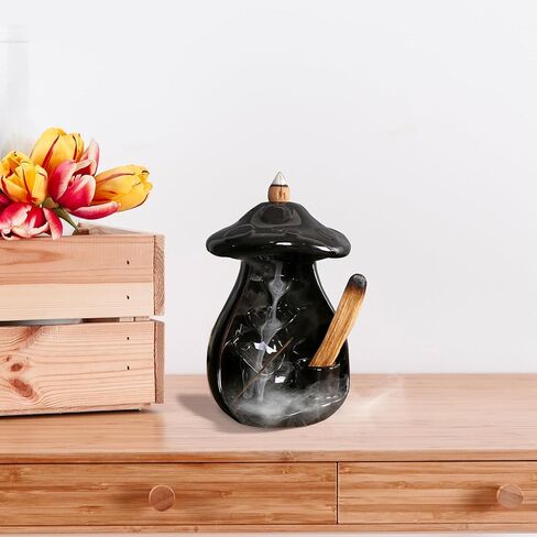 Mushroom Backflow Incense Holder - Ceramic Incense Cone Holder Waterfall Burner Black with 30 Cones and Sticks Aromatherapy Ornament Home Office Yoga Meditation Accessories Decor Gift in Kuwait