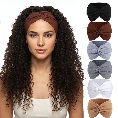 obeoby 6 Pack Wide Turban Headbands for Workout Yoga, 6inch Non Slip Boho Knotted Hair Bands for Lady Large African Wide Hair Wrap in Kuwait