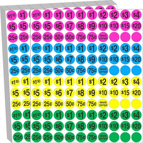 ملصقات أسعار بيع المرآب، 1800 قطعة من بطاقات الأسعار الدائرية، 3/4 بوصة، 4 ألوان (وردي، أزرق، أصفر، أخضر)، لمبيعات الفناء، أسواق السلع المستعملة، البيع بالتجزئة in Kuwait