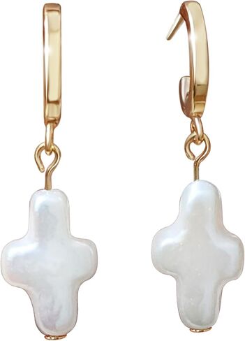 Nature Freshwater Pearl Cross Earrings - Elegant Christian Pearl Jewelry for Women - Beachy Baroque Design - Gold Plated - Gift for Easter, Thanksgiving, and Church in Kuwait
