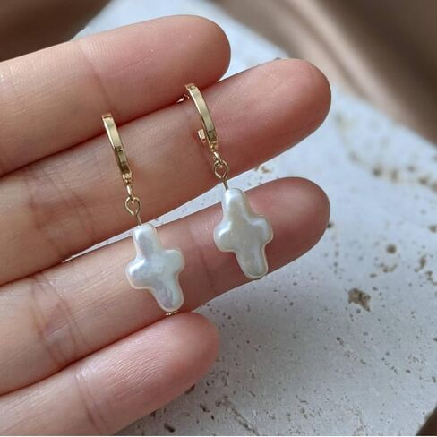 Nature Freshwater Pearl Cross Earrings - Elegant Christian Pearl Jewelry for Women - Beachy Baroque Design - Gold Plated - Gift for Easter, Thanksgiving, and Church in Kuwait