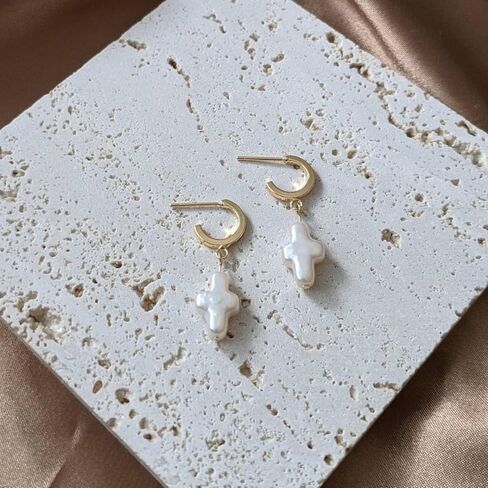Nature Freshwater Pearl Cross Earrings - Elegant Christian Pearl Jewelry for Women - Beachy Baroque Design - Gold Plated - Gift for Easter, Thanksgiving, and Church in Kuwait