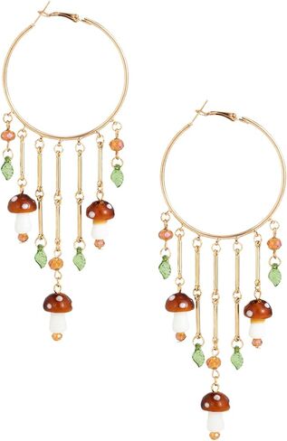 Mushroom Earrings for Women, Colorful Boho Tassel Hoop Dangle Mushroom Jewelry Earrings with Leaves, Funky Jewelry Fit Whimsical Cottagecore Accessories in Kuwait