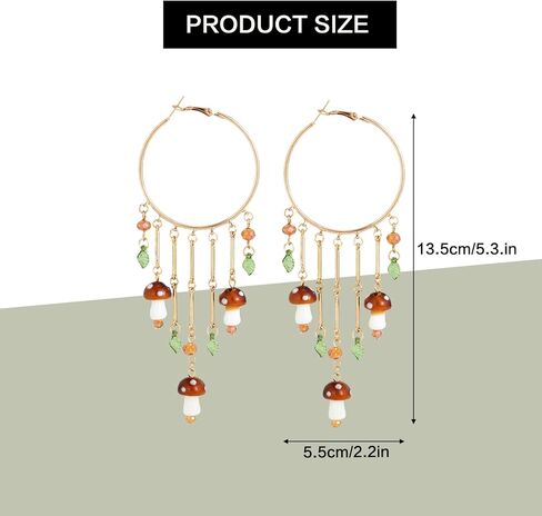 Mushroom Earrings for Women, Colorful Boho Tassel Hoop Dangle Mushroom Jewelry Earrings with Leaves, Funky Jewelry Fit Whimsical Cottagecore Accessories in Kuwait