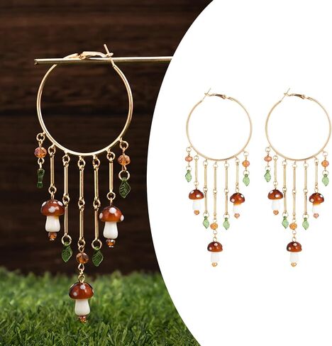 Mushroom Earrings for Women, Colorful Boho Tassel Hoop Dangle Mushroom Jewelry Earrings with Leaves, Funky Jewelry Fit Whimsical Cottagecore Accessories in Kuwait