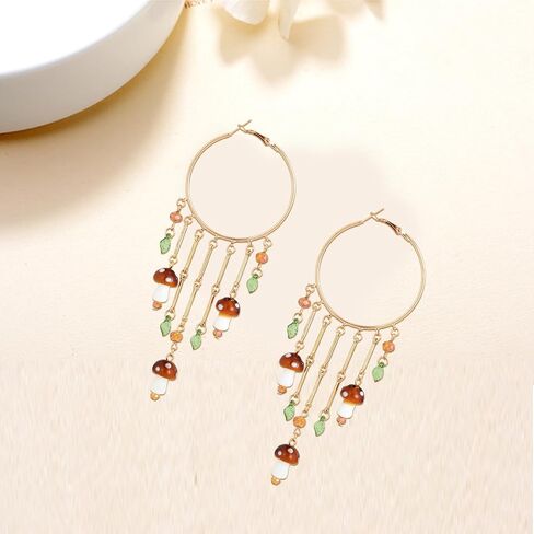 Mushroom Earrings for Women, Colorful Boho Tassel Hoop Dangle Mushroom Jewelry Earrings with Leaves, Funky Jewelry Fit Whimsical Cottagecore Accessories in Kuwait