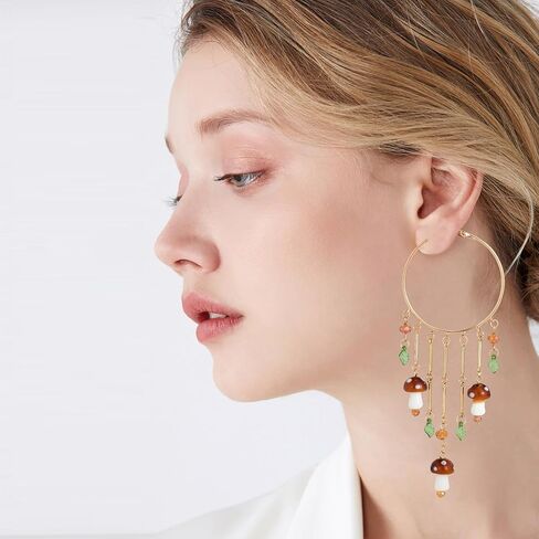 Mushroom Earrings for Women, Colorful Boho Tassel Hoop Dangle Mushroom Jewelry Earrings with Leaves, Funky Jewelry Fit Whimsical Cottagecore Accessories in Kuwait