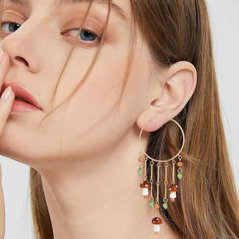 Mushroom Earrings for Women, Colorful Boho Tassel Hoop Dangle Mushroom Jewelry Earrings with Leaves, Funky Jewelry Fit Whimsical Cottagecore Accessories in Kuwait