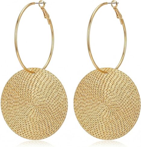 Hammered Gold Earrings for Women, Large Round Hoop Dangle Set with Vintage Textured Disc, Chunky Big Circle Statement Jewelry, Oversized Thick Metallic Coin Style Fashion Ornament in Kuwait