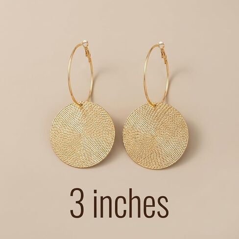 Hammered Gold Earrings for Women, Large Round Hoop Dangle Set with Vintage Textured Disc, Chunky Big Circle Statement Jewelry, Oversized Thick Metallic Coin Style Fashion Ornament in Kuwait