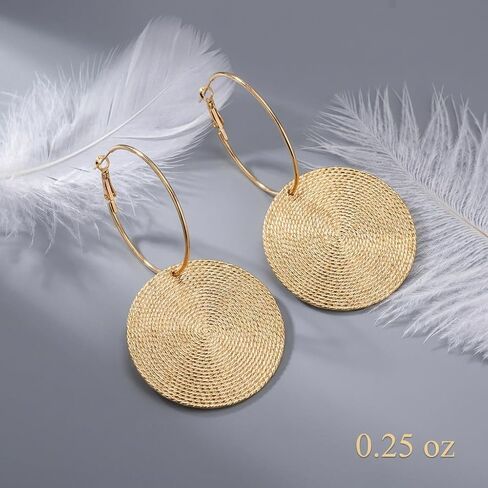 Hammered Gold Earrings for Women, Large Round Hoop Dangle Set with Vintage Textured Disc, Chunky Big Circle Statement Jewelry, Oversized Thick Metallic Coin Style Fashion Ornament in Kuwait