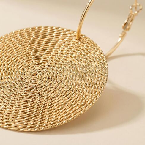 Hammered Gold Earrings for Women, Large Round Hoop Dangle Set with Vintage Textured Disc, Chunky Big Circle Statement Jewelry, Oversized Thick Metallic Coin Style Fashion Ornament in Kuwait