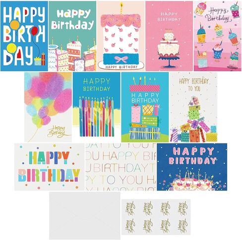 12Pcs Happy Birthday Cards with Envelopes, Stickers, 4.2x6.2 Inch Color Birthday Card Assortment Blank Inside Perfect for Family, Friend, Teacher, Classmate in Kuwait