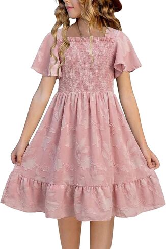 Tween Girls Summer Floral Dress Smocked Ruffle Sleeve Beach Party Boho Flowy Dresses with Pockets 6-14 Years in Saudi Arabia