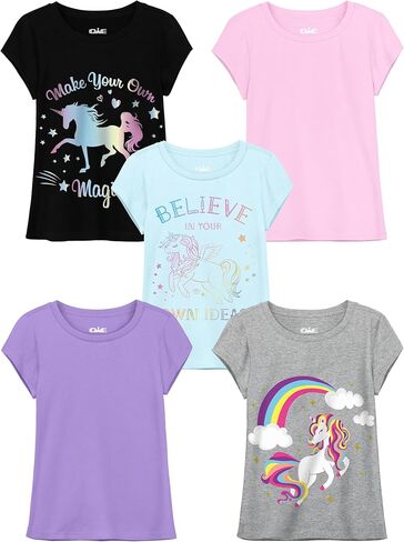 QWE 5 قمصان للفتيات من القطن بأكمام قصيرة للفتيات، قمصان جرافيك للأطفال، تي شيرتات صيفية من 5 إلى 12 سنة in Kuwait