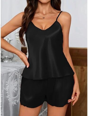 Satin Pajama Set for Women 2-Piece Trim Camisole and Shorts Sleepwear Set Lingerie Pjs Sexy Lounge Wear in Saudi Arabia