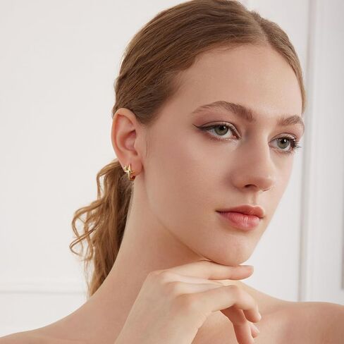 WOSTU Gold Star Hoop Earring for Women, 14K Gold Plated Small Huggie 925 Sterling Silver Post Minimalist Celestial Star Dangle Hypoallergenic Everyday Jewelry Gift in Kuwait